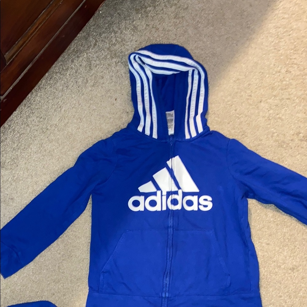 Adidas Blue and White Sweatshirt with Iconic Stripes